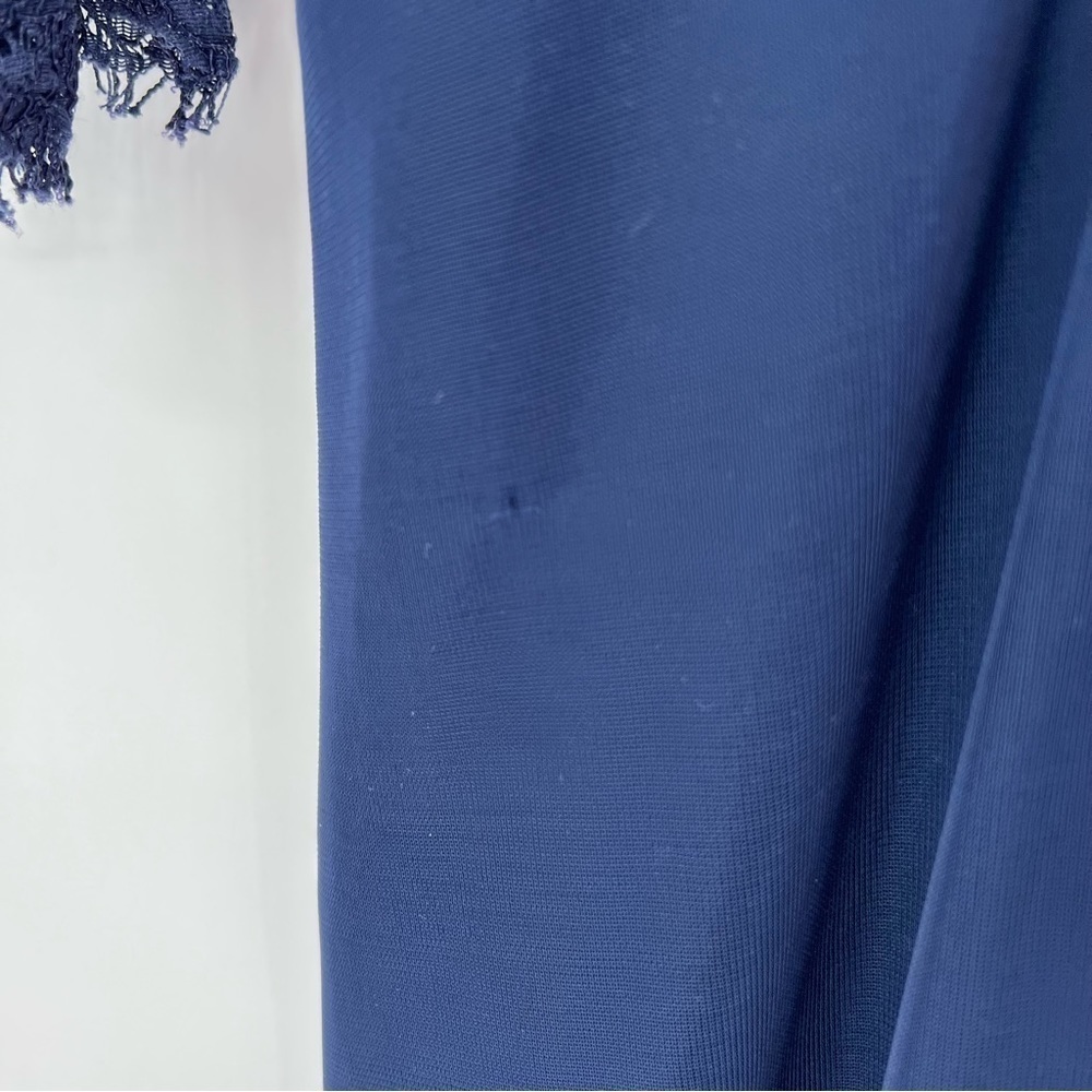 Alex Evenings Navy Blue Ruched Twist Column Bodice Lace Sleeve Maxi Dress Gown - Picture 10 of 14